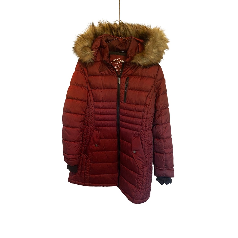 HFX Performance Coat Womens Large Burgundy Hooded Faux Fur Trim Puffer Jacket
